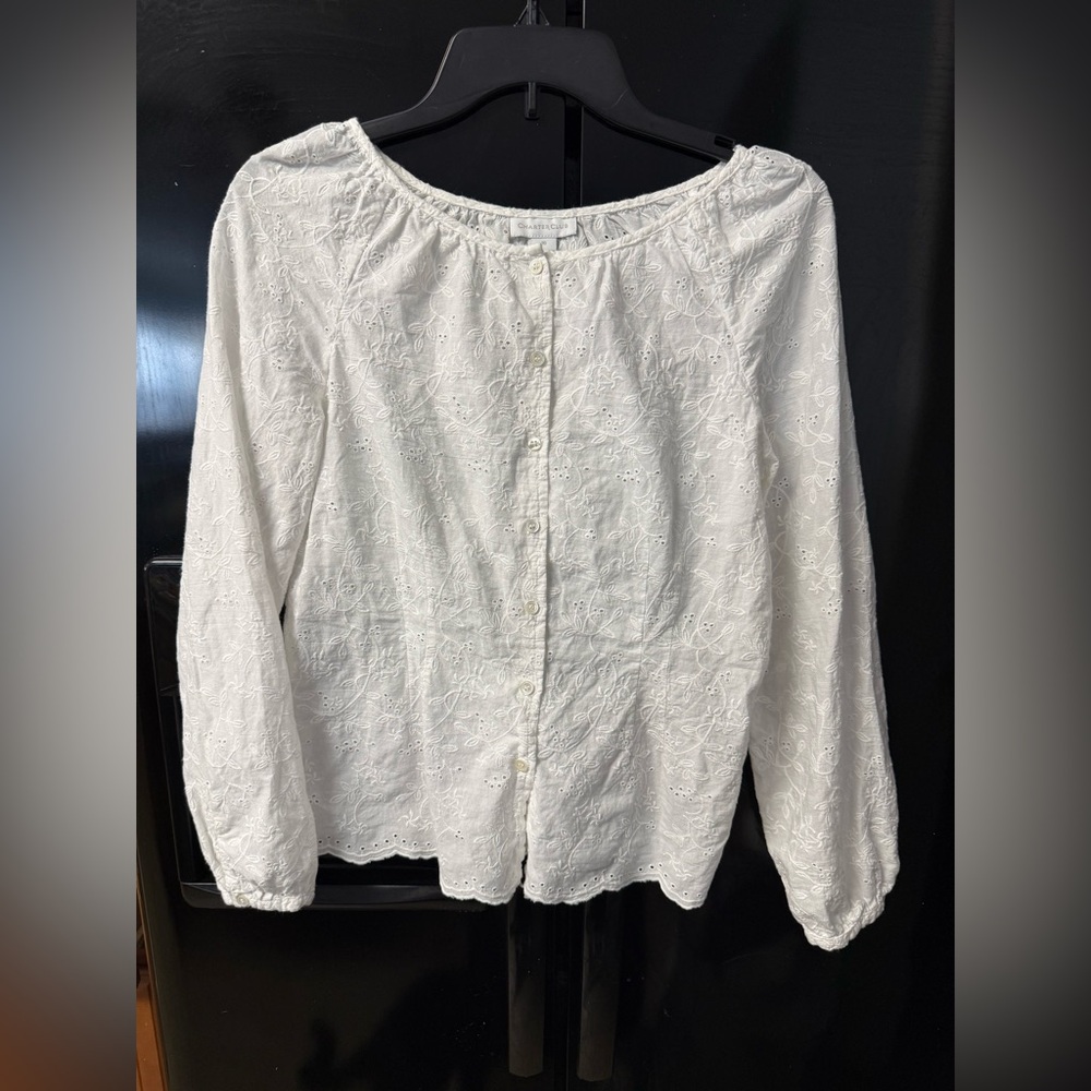 Charter Club White Eyelet Embroidered Cotton Blouse Size 10 Boho Cottagecore
